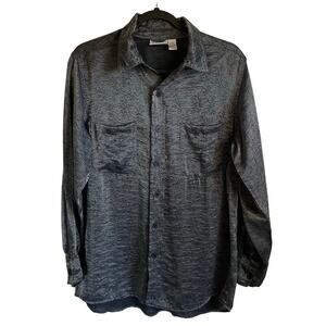 Chico’s Design Button Up Blouse Top Gray Shimmer Black Accents Sz L Whimsigoth